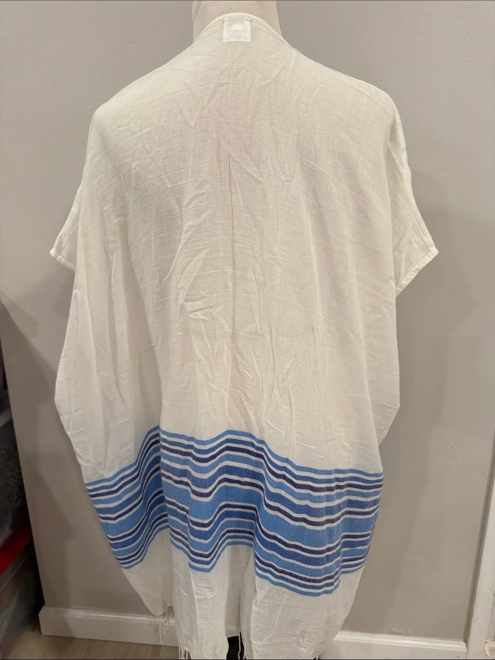 J. Crew White and Blue Stripe kimono beach cover up with tassel bottoms coastal